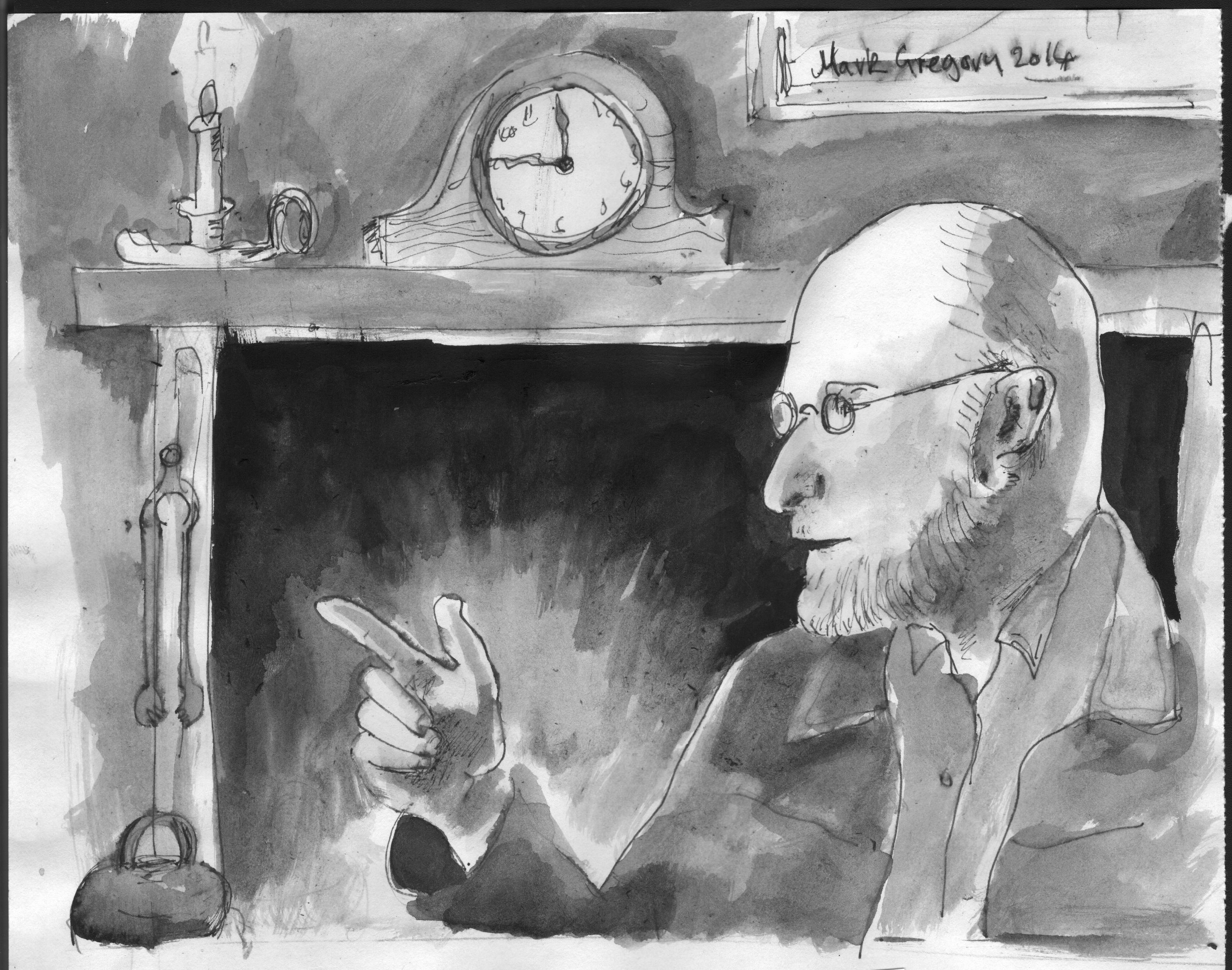 droll teller by fireside, drawing