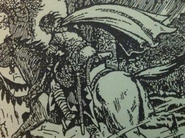 Black and white illustration of Trevelyan fleeing rising waves on his horse