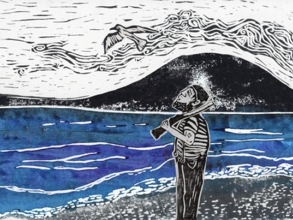 Lino cut of Tristan Bird on the beach with his gun