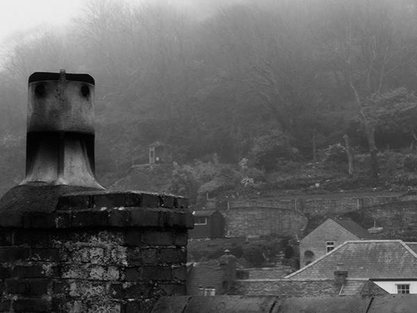 Black and white photo of Polperro rooftops, Andy Bilewycz