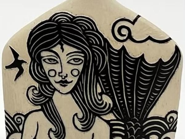 Scraffito mermaid on ceramic vessel