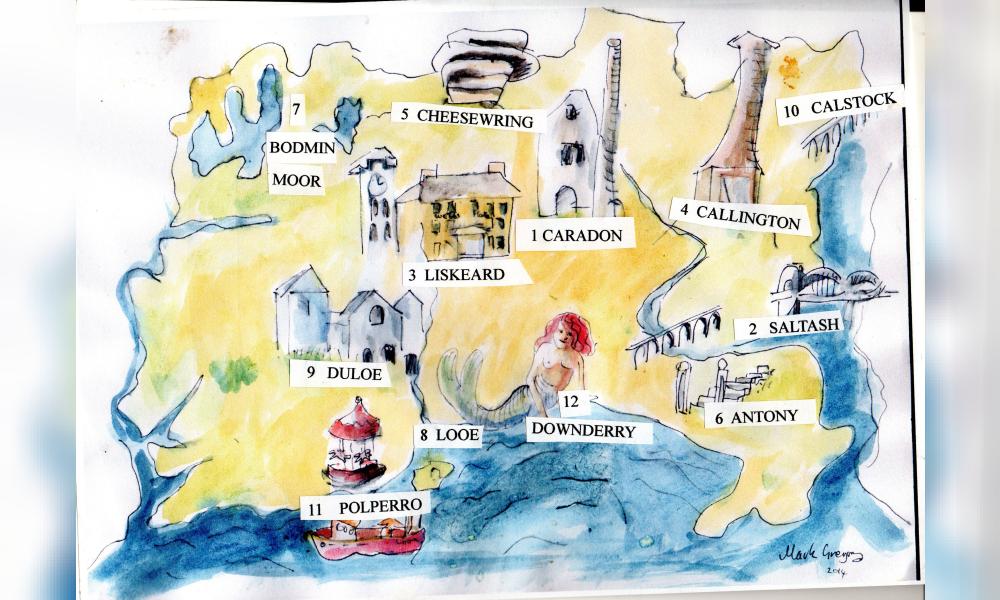 Painted map south east Cornwall