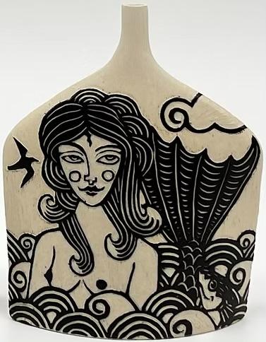 Scraffito mermaid on ceramic vessel
