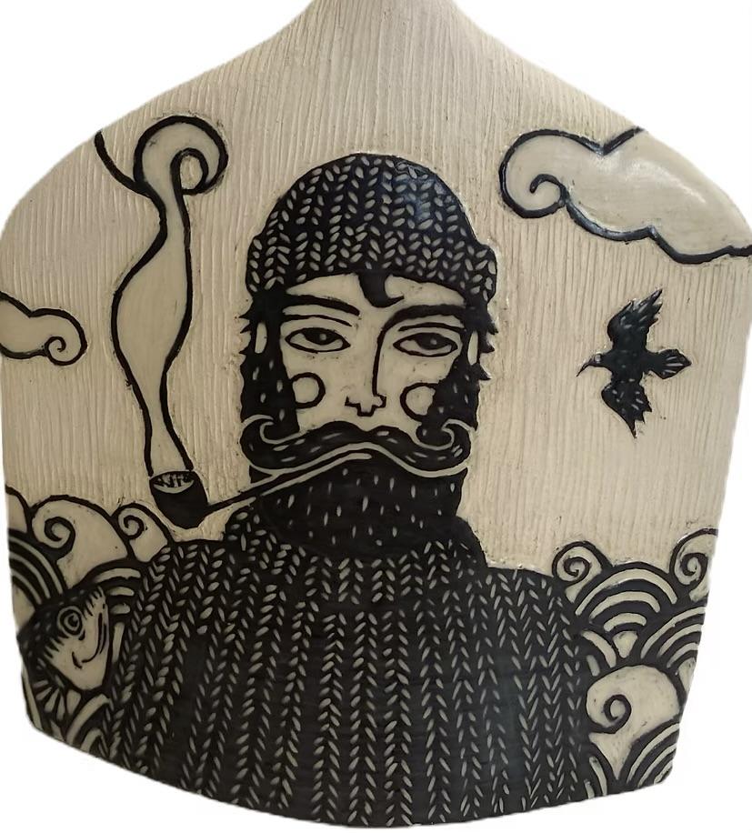 Sgraffito fisherman on ceramic vessel