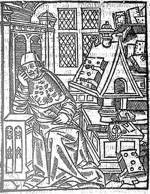 Engraving Crétien de Troyes in his studio